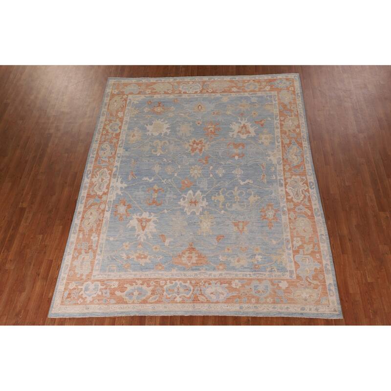 Floral Oushak Vegetable Dye Area Rug Handmade Blue Wool Carpet - 8'0" x 9'11"