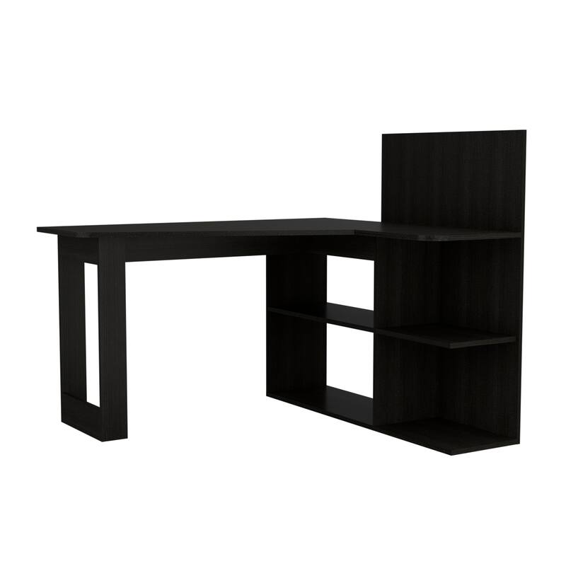 L-Shaped Writing Computer Desk with 5 Open Shelves, Right Return, and Stylish Hutch for Home Office or Study