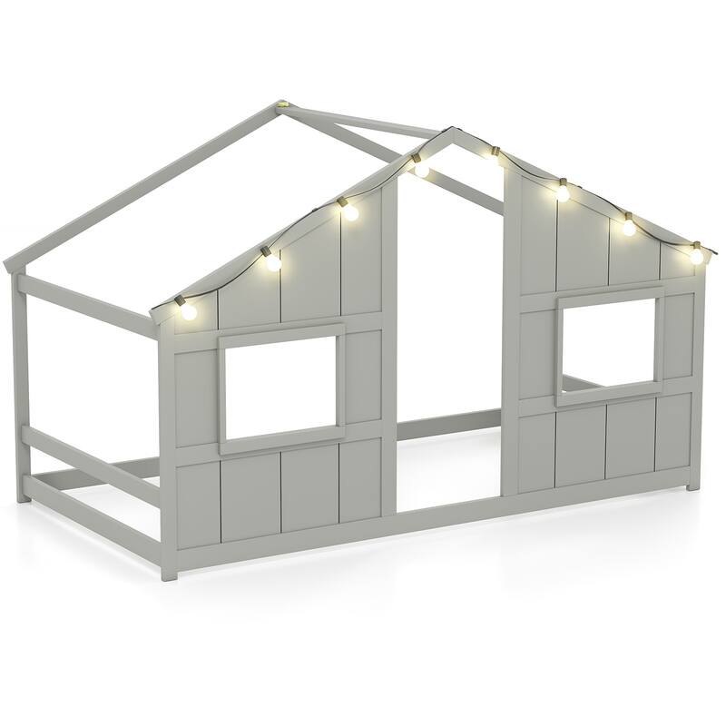 Twin Size Kids Floor Bed with LED Lights and Solid Wooden Montessori House Design
