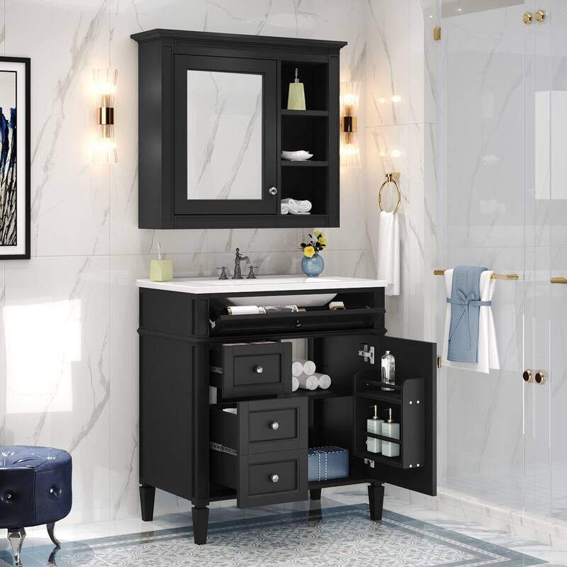 30" Bathroom Vanity Set with Ceramic Sink & Mirror Cabinet, 3 Drawers, Soft-Close Storage, Modern Freestanding Unit