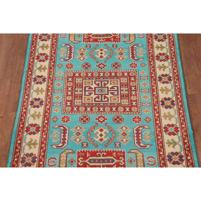Turquoise Blue Kazak Oriental Accent Rug Handmade Wool Carpet - 3'3" x 4'11"