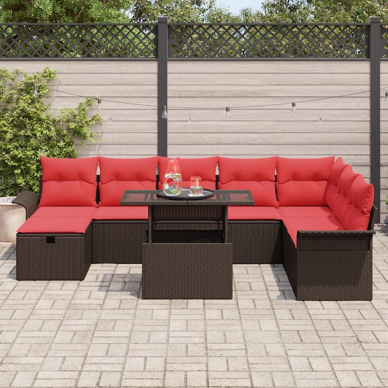 vidaXL 9 Garden Sofa Set with Cushions Black/Brown/Grey Poly Rattan - 117.1 x 73.8 x 27.2