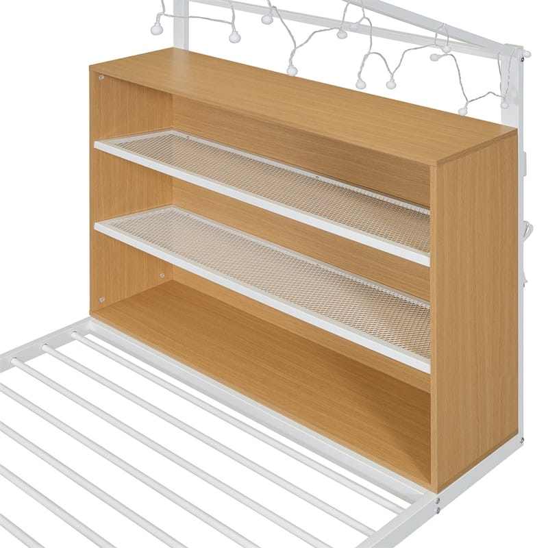 Twin Size Metal Bed House Bed Frame with Shelves and Lights