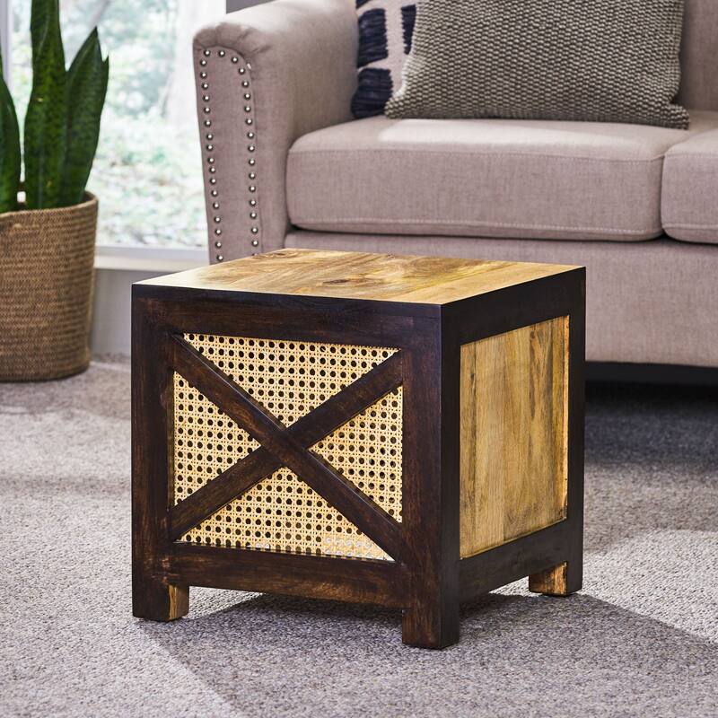 Westby Mango Wood and Cane Square Cube Ottoman - Natural