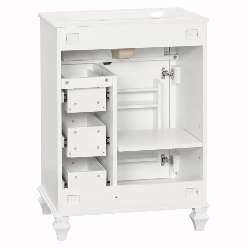 24" Bathroom Vanity with Sink, Freestanding Vanity Cabinet with Flip-Out Drawer, 3 Drawers, Ceramic Top