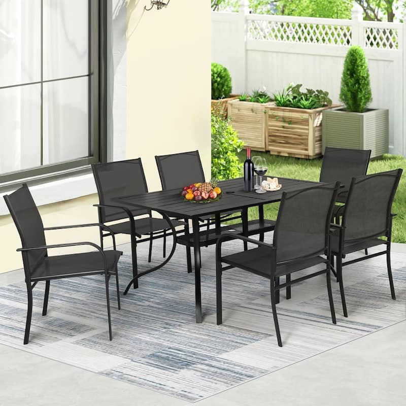 7 Piece Outdoor Patio Metal Dining Set of 6 Textilene Chairs and Rectangle Table with Umbrella Hole
