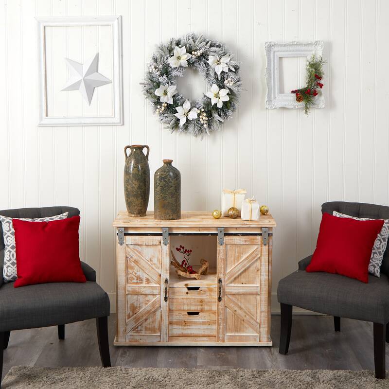 Flocked Poinsettia and Berries Artificial Christmas Wreath, 24-Inch, LED Lights