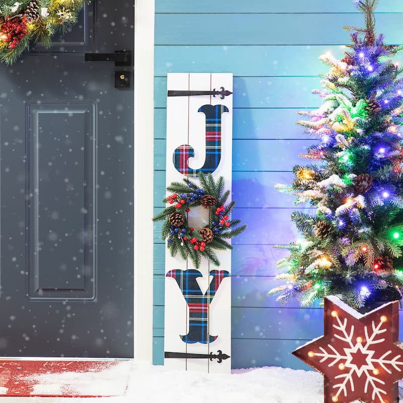 Glitzhome 40"H Lighted or Plaid Wooden JOY Porch Sign - Red