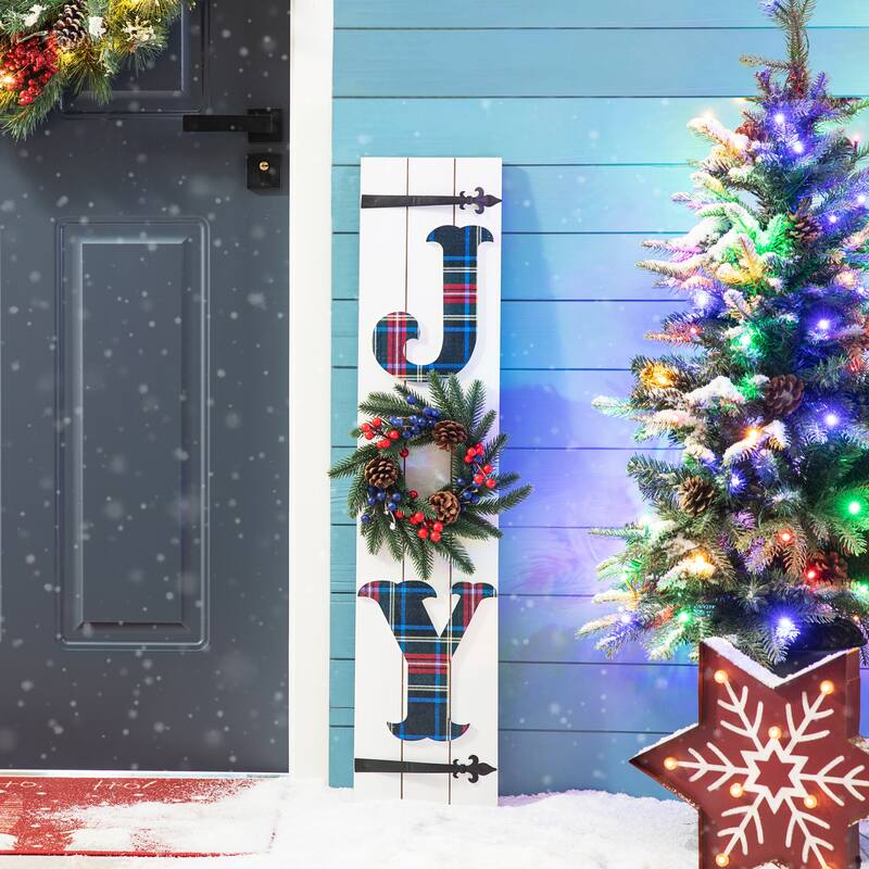 Glitzhome 40.5"H Lighted or Plaid Wooden JOY Porch Sign - Red