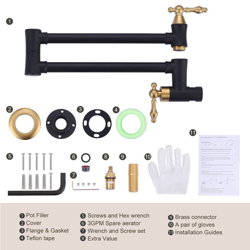 WOWOW Wall Mounted Pot Filler Faucet with Double Joint Swing Arms