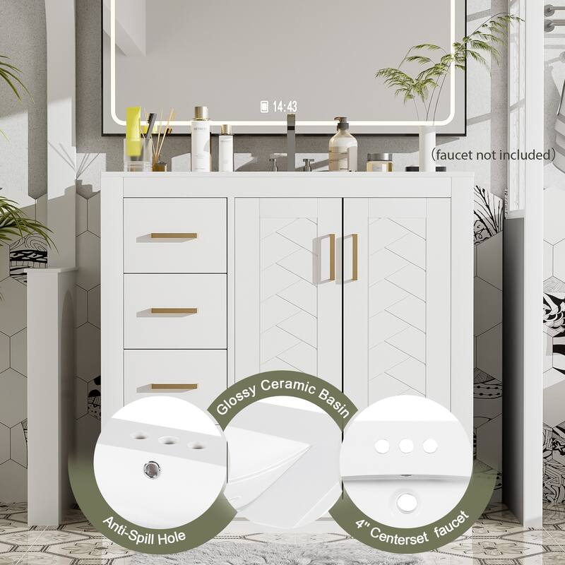 36" Wood Bathroom Vanity w/ Ceramic Sink,3 Drawers,Soft Closing Doors