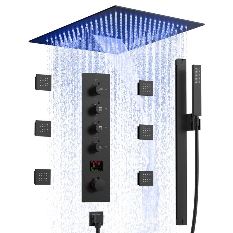 16 in LED Light Shower System Faucet Set LCD Digital Thermostatic Valve Kit Shower Head with Body Jets & Handheld Slider