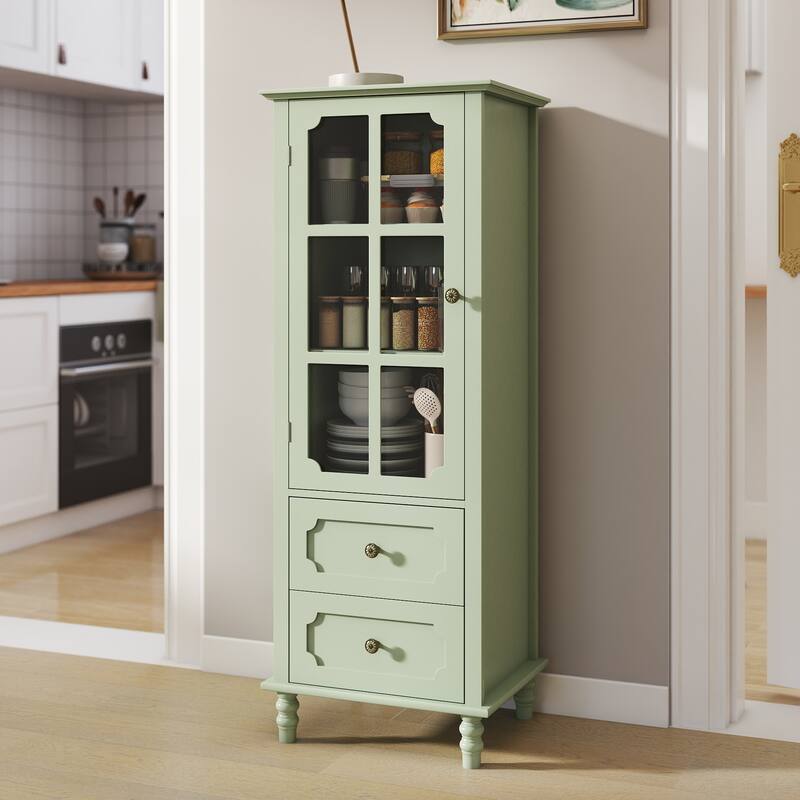 Minimalism Buffet Cabinet with Glass Doors and Double Drawer, Modern Wooden Storage Sideboard Cupboard - Mint Green