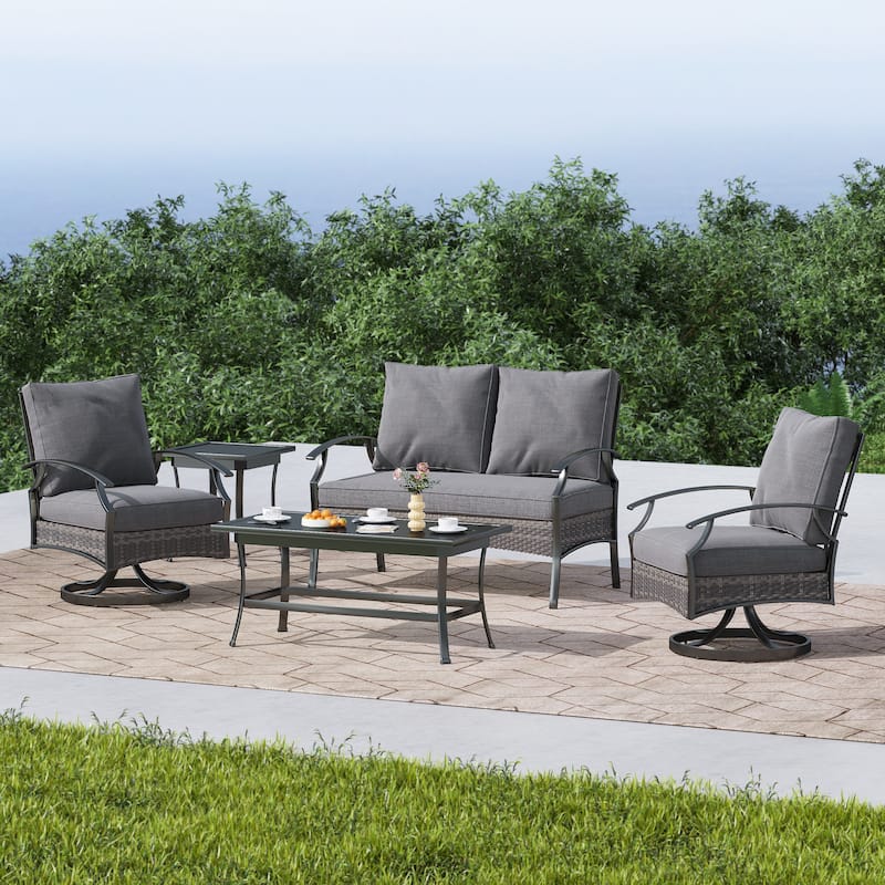 Patio PE Wicker Conversation Set with Swivel Chairs, Coffee & Side Table