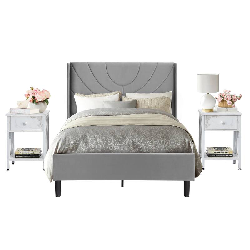 VECELO Bedroom Sets 3-pieces Bedroom Set with Height Adjustable Upholstered Bed and Nightstands Set of 2