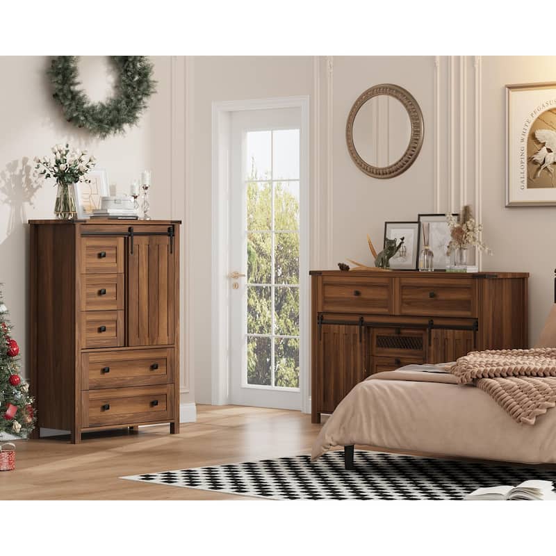 Farmhouse 5 Drawer Dresser for Bedroom, 48" Tall Wood Dresser Chest of Drawer with Sliding Barn Door