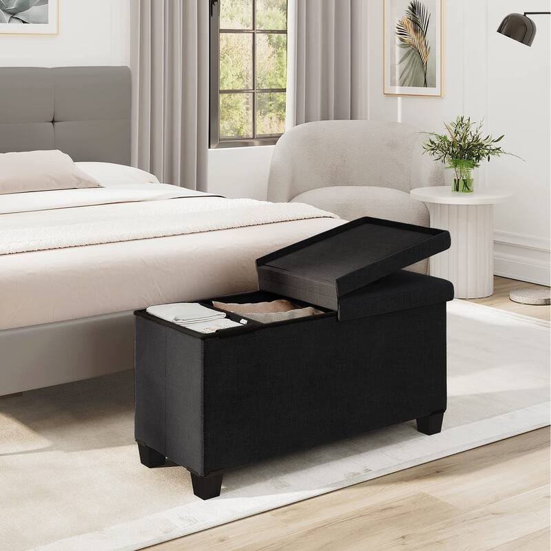 Folding Storage Ottoman Bench for Bedroom or Living Room Linen Fabric with Storage Bins,End of Bed Foot Rest, Holds Up To 660lbs