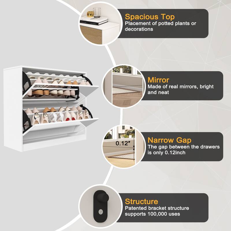 Mirror Shoe Storage Cabinet, Freestanding Narrow Slim Shoe Organizer, Hidden Shoe Rack with 3 Layers Flip Drawer