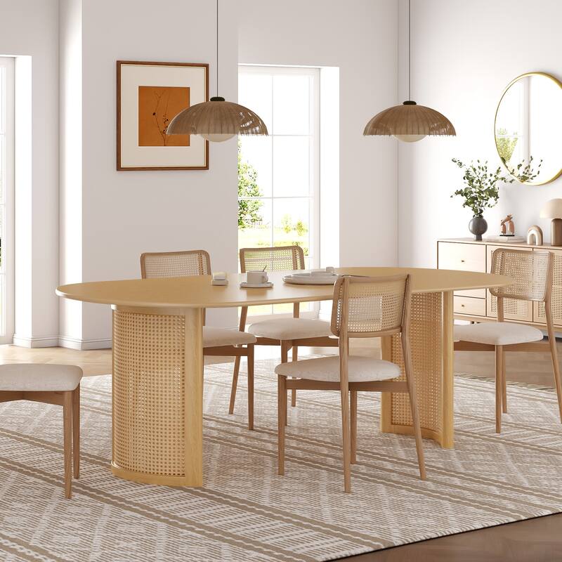 Oval Dining Table with Arc-Shaped Edge Top and Rattan Woven Base Modern Farmhouse Kitchen Table for Living Room Dining Room