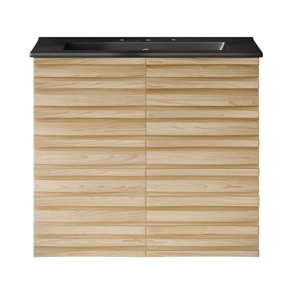 Cascade 24" Wall-Mounted Bathroom Vanity In Natural Oak With Black 3-Hole Widespread Sink Top - 24