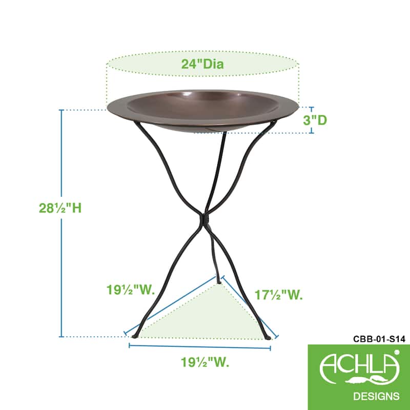 Achla Designs 24"Dia. Round Antique Finished Brass Classic Copper Birdbath w/Black Wrought Iron Folding Ring Stand
