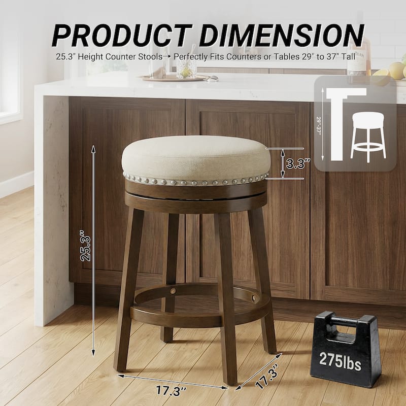 Swivel Counter Height Bar Stool with Upholstered Seat Solid Wood Frame