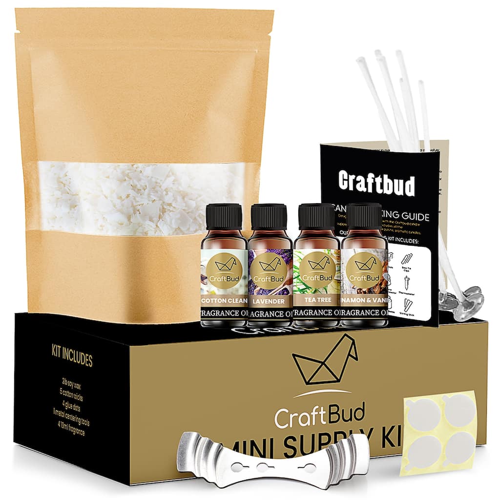 CraftBud DIY Candle Making Mini Supply Kit - 2lbs Natural Soy Wax, Fragrance Oil, Cotton Wicks, Centering Tool, and Glue Sticker