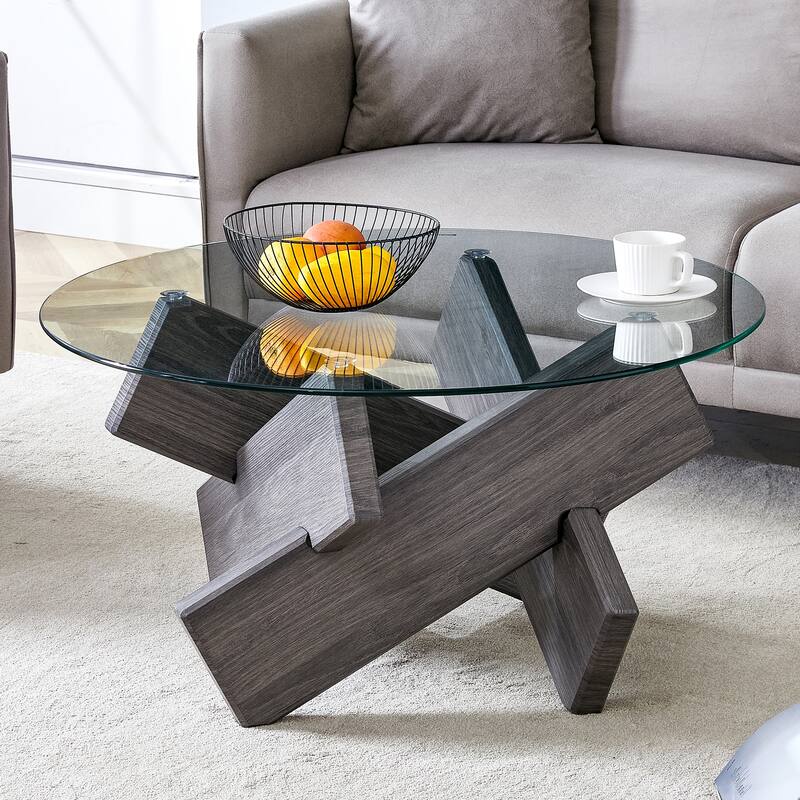 33.4" Modern Round Coffee Table with Clear Tempered Glass Top and MDF Legs for Living Room