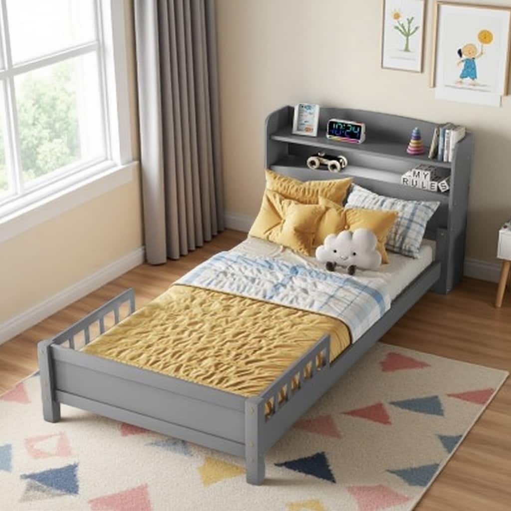 Twin Bed with Bookcase Headboard, Motion Sensor LED Light & Adjustable Guardrails, Solid Pine Wood Frame for Kids or Teens