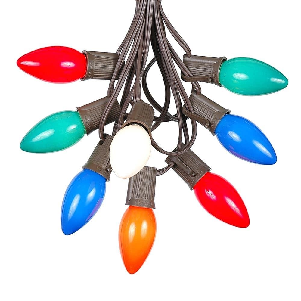 25 Foot C9 Ceramic Christmas Light Set, Hanging String Lights, Brown Wire