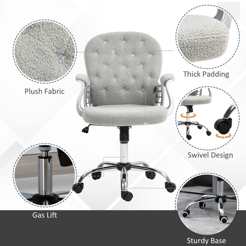 Simple Button Tufted Fabric Desk Chair Vanity Chair with Padded Armrests, Swivel Chair Office Chair with Wheels
