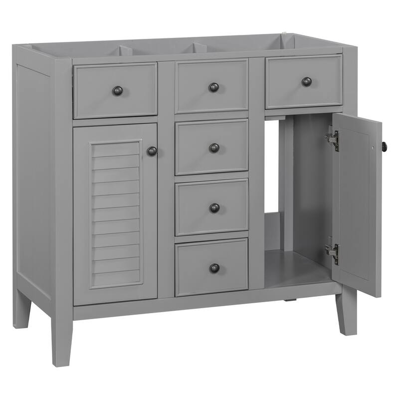 36" Modern Bathroom Vanity Cabinet Base in Grey with Two Cabinets, Five Drawers & Open Storage Shelf, Solid Wood Frame
