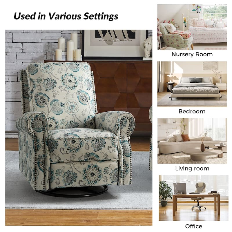 Roderich Farmhouse Floral Print Swivel Rocker Recliner with Rolled Arms by HULALA HOME
