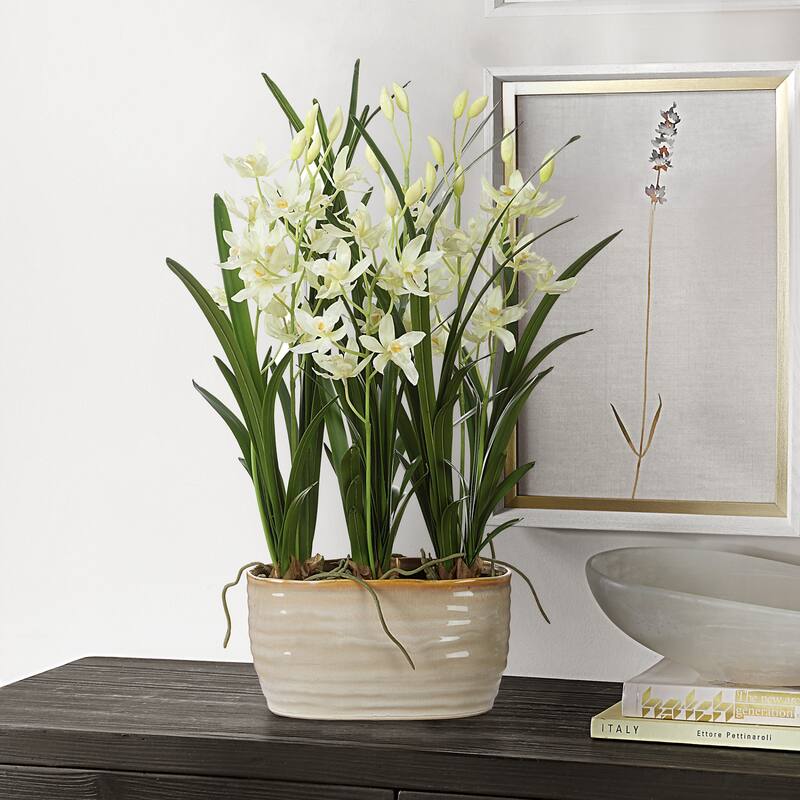 Artificial Cymbidium Orchids Centerpiece in a Glossy Planter - 24.25" - White and Green