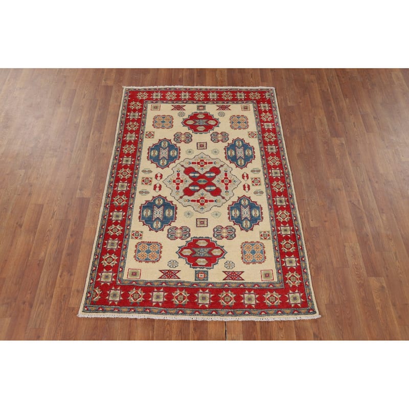 Ivory Kazak Accent Rug Handmade Wool Carpet - 3'8" x 5'7"