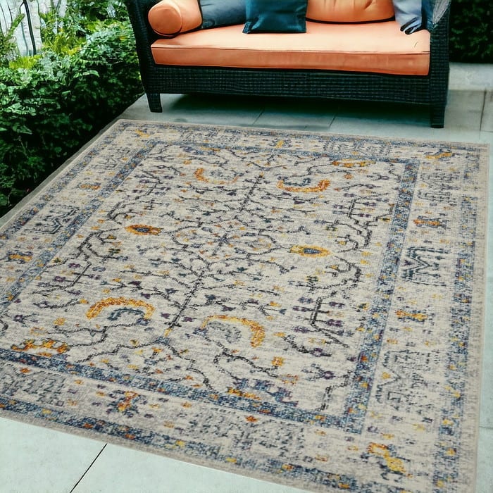 HomeRoots 5' X 8' Ivory And Yellow Oriental Distressed Area Rug - 90.00 in. x 63.00 in. x 0.38 in. - 90.00 in. x 63.00 in. x 0.38 in.