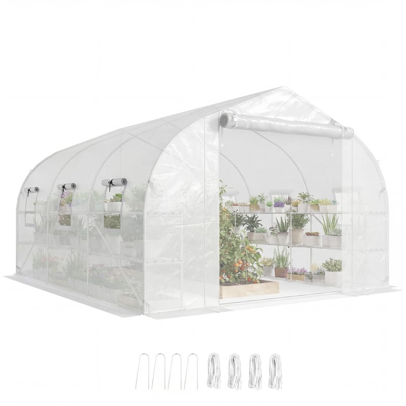 Outsunny 10'x11'x6' Walk-in Tunnel Greenhouse with Shelves, Mesh Door and Windows, Plant Hot House with PE Cover