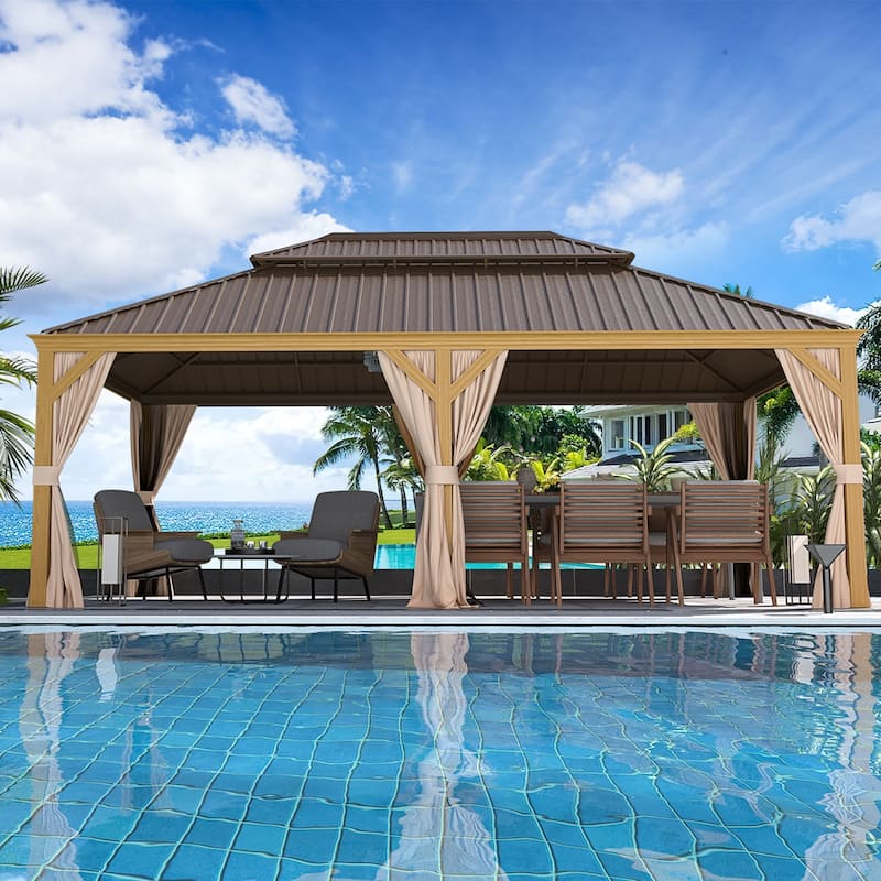 Outdoor Galvanized Steel Roof Gazebo Pergola w Wooden Coated Alumninum Frame, Privacy Curtains and Nettings Include