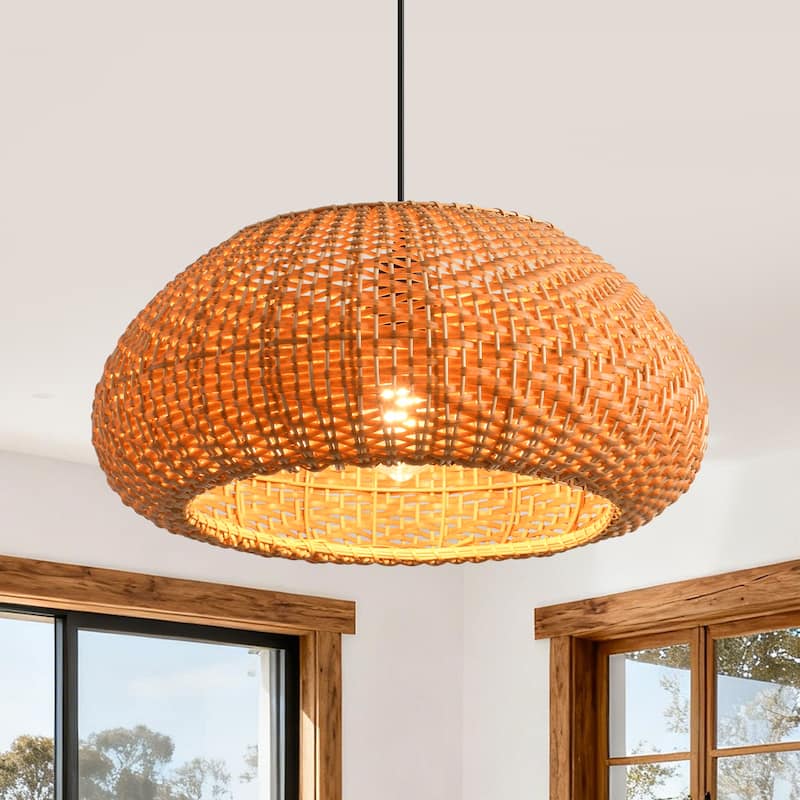 18.9" Bohemian Light Brown Handwoven Rattan Caged Pendant Light - 18.9" D x 18.9" W x 55.12" H