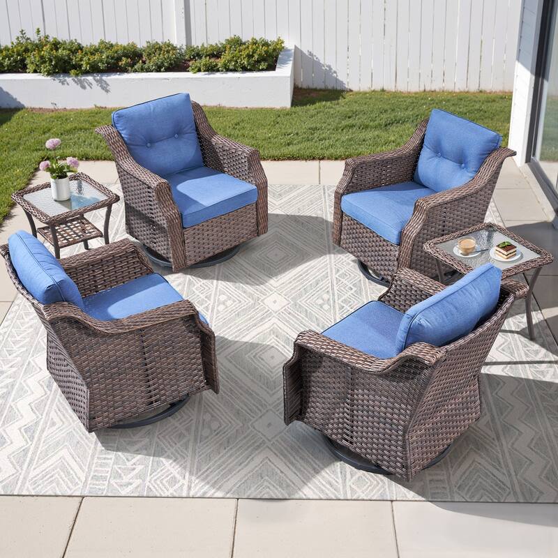 Pocassy Outdoor Swivel Chair Glider Chair with Side Table - Brown Wicker Gray Cushion - 6-Piece Swivel Chair with Side Table
