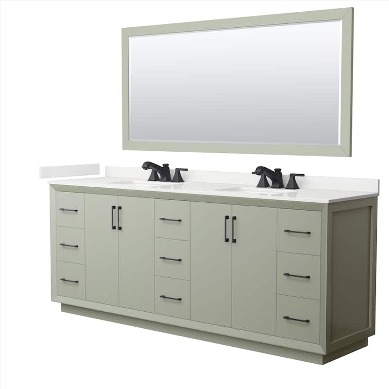 Strada 84-inch Double Vanity, Quartz Top, 70-inch Mirror - Light Green, Black Trim, White Quartz Top