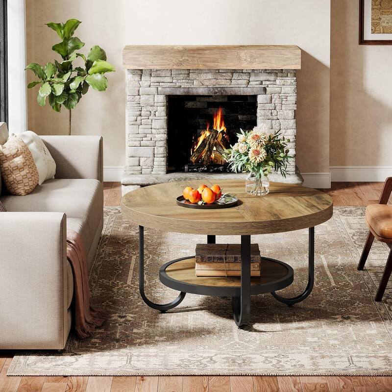 31.1 Inches Brown MDF Round Coffee Table, 2-Tier Industrial Center Table for Living Room