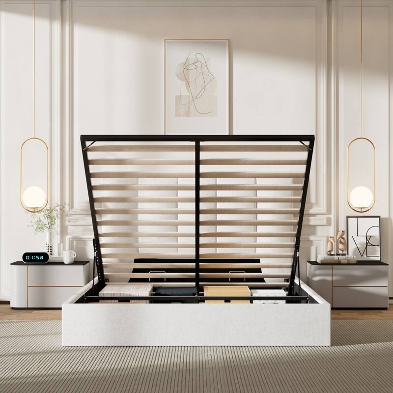 Modern Upholstered Lift-Up Storage Platform Bed with Headboard
