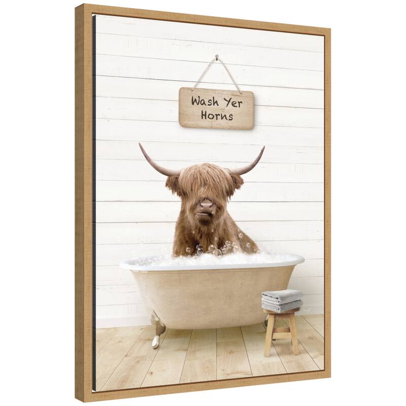 Kate and Laurel Sylvie Highland Cow in Modern Bathtub Wash Your Horns Framed Canvas by Amy Peterson - Natural