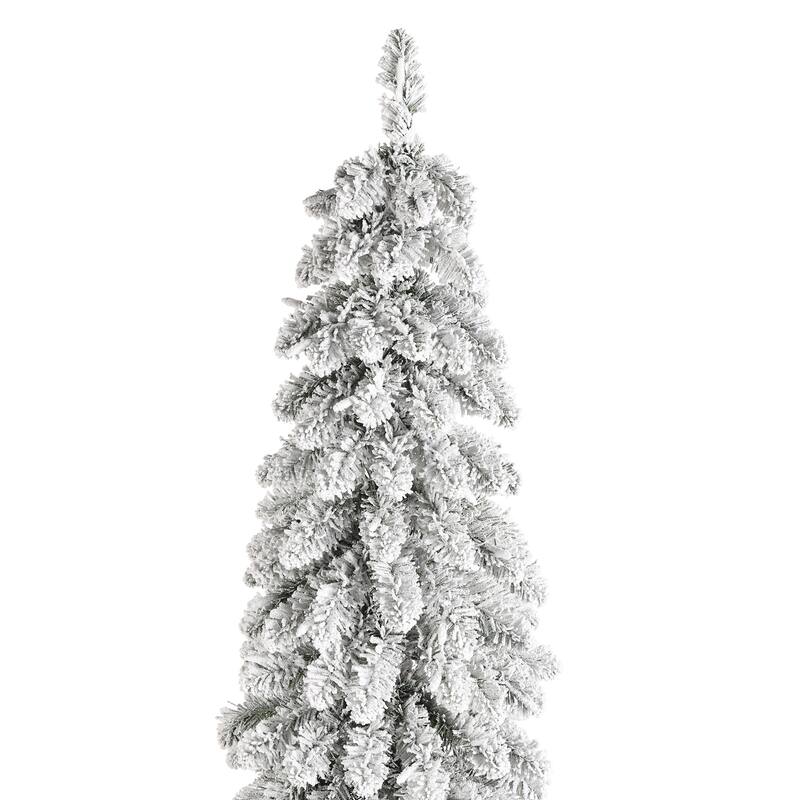 Glitzhome 4.5ft/6ft/7.5ft Pre-Lit Flocked Artificial Snowy Downswept Christmas Tree with Foot Pedal Control LED Lights