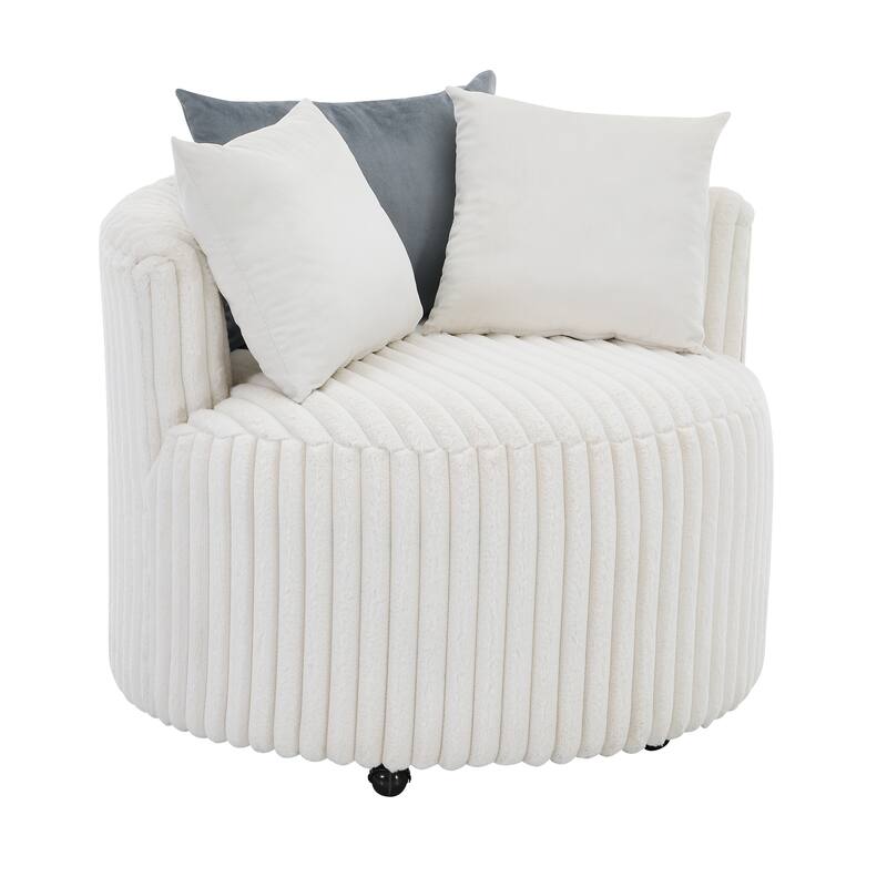 Off White Modern 35" Corduroy Upholstered Barrel Chair with Easy Moving Wheels and Pillows