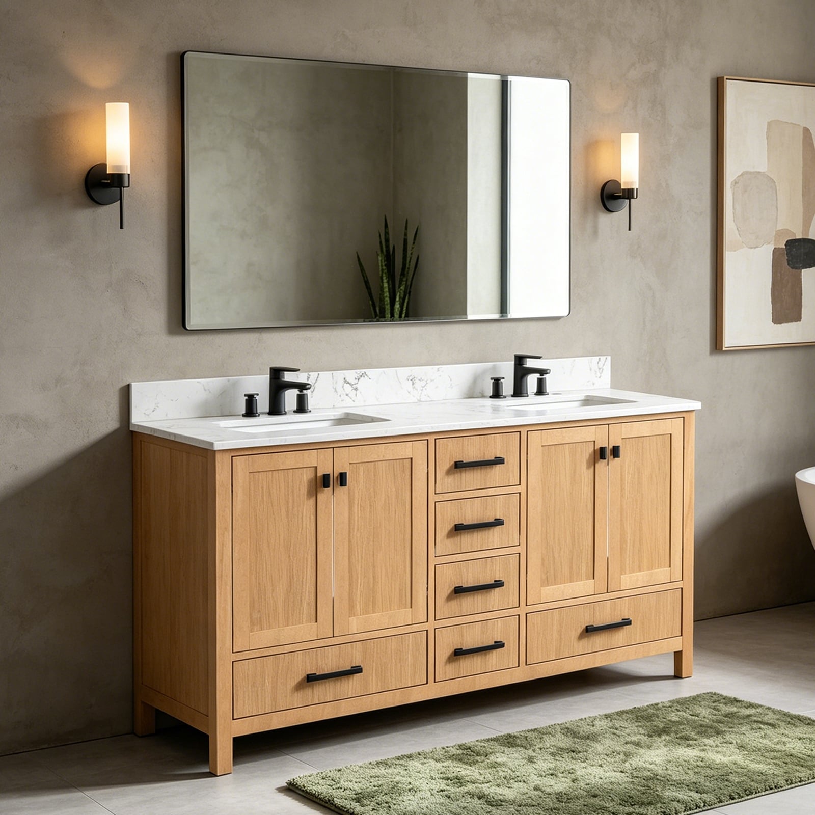 Lignora 60 inch Modern Natural Double Sink Light Oak Bathroom Vanity with Top