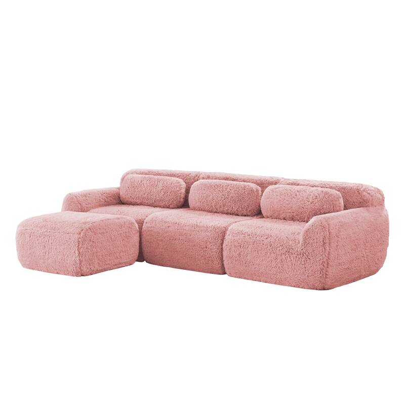 Anmytek Modern L-Shaped Boneless Sofa - Soft Fluffy Plush 32D High Density Sponge with Throw Pillows Movable Ottoman