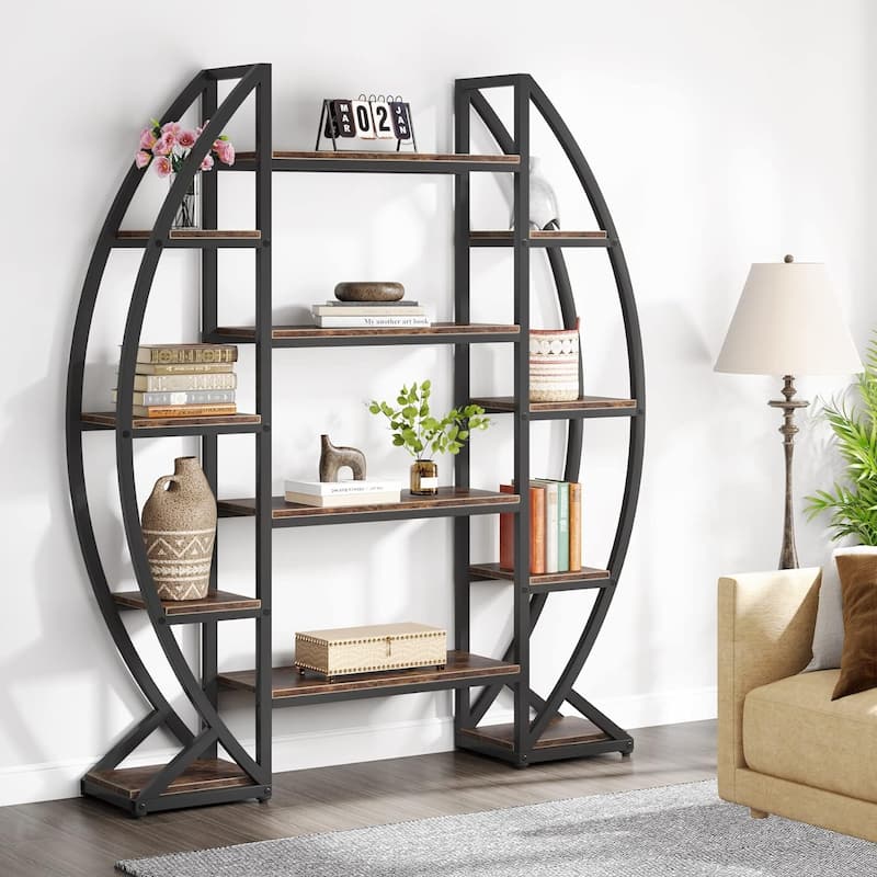 Industrial Bookshelf, Oval Triple Wide 5 Tiers Etagere Bookcase - 11.81"D x 55.11"W x 69.68"H