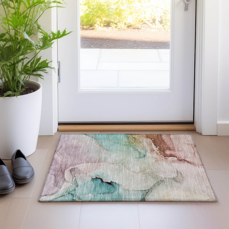 Machine Washable Indoor/ Outdoor Abstract Chantille Rug - Teal - 1'8" x 2'6"